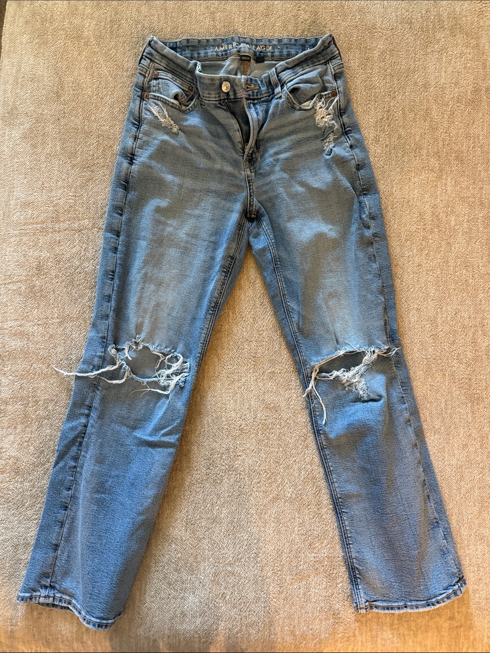 American Eagle Outfitters Light Blue Straight-Leg Distressed Jeans